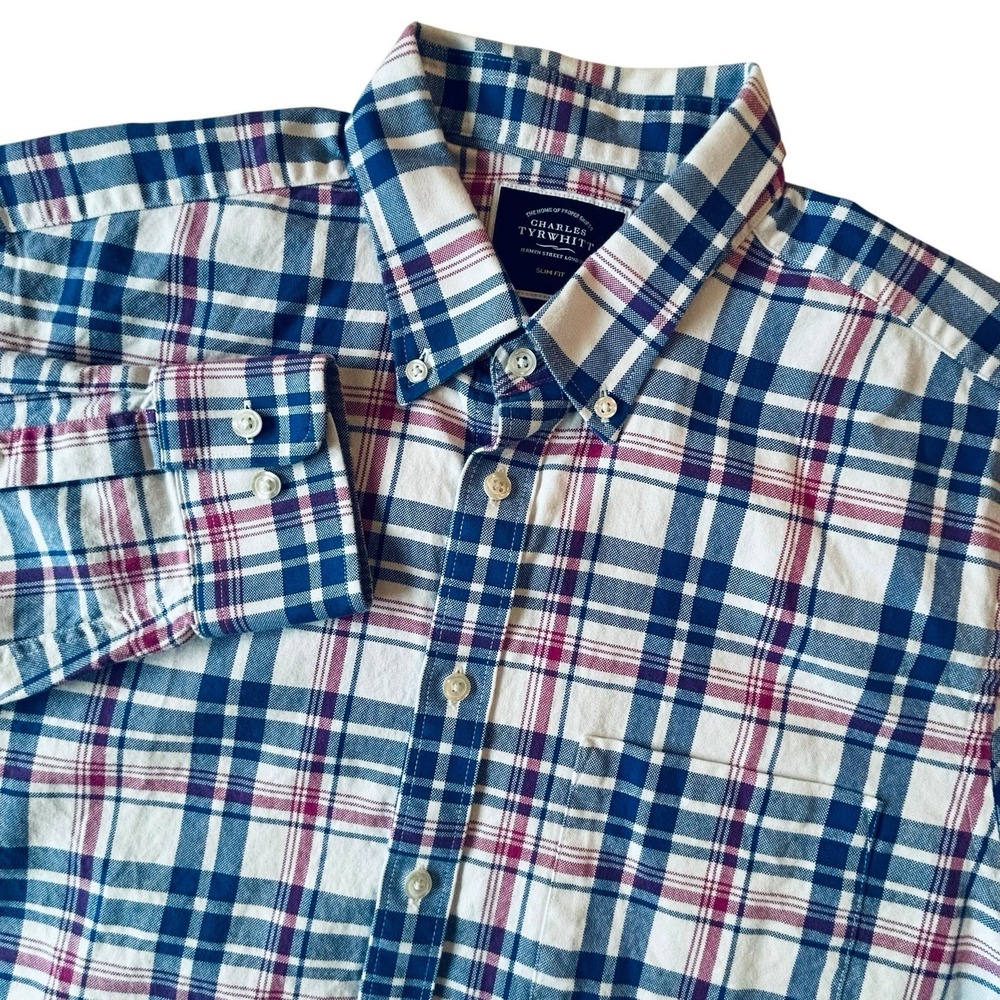 Charles Tyrwhitt Shirt Mens Large Blue Plaid Button Down Slim Fit Casual Cotton